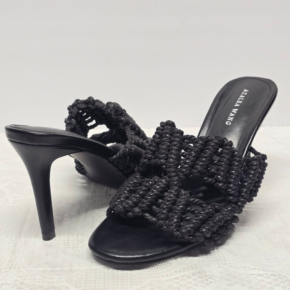 Azalea Wang Women's Woven High Heeled Black Mules Sandals 8 Boho Chic Summer